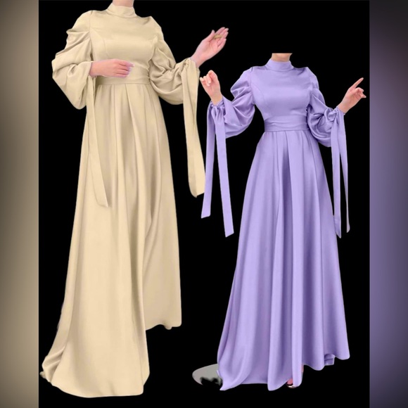 Satin dress with wide belt and ribbon puff sleeves - Picture 1 of 3